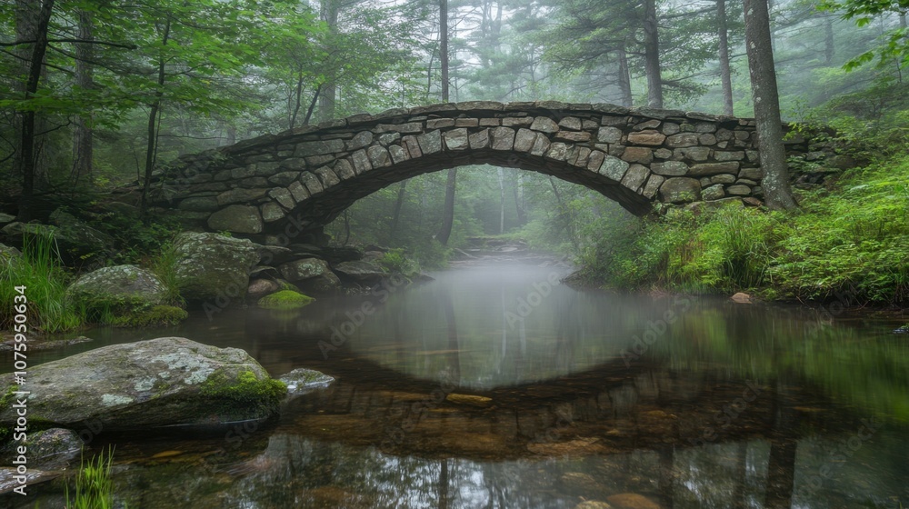 Serene Stone Bridge Arching Over Tranquil River in Foggy Forest - Nature Landscape Scene Serene Stone Bridge Arching Over Tranquil River in Foggy Forest - Nature Landscape Scene