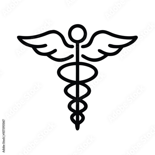 Caduceus medical icon with wings and staff, Vector illustration of a caduceus symbol featuring a winged staff with intertwined serpents, representing medicine and healthcare.
