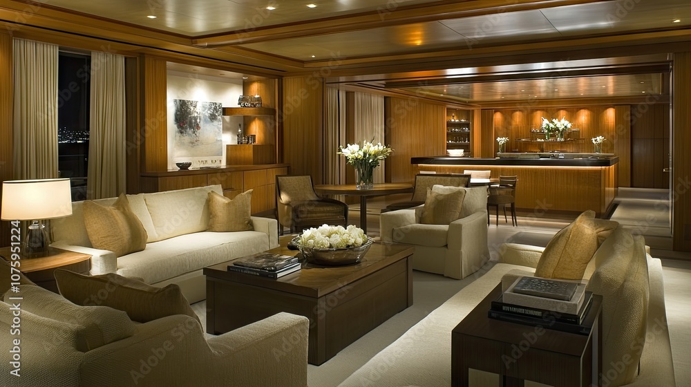 Elegant and Modern Interior Living Room Design with Neutral Tones, Ambient Lighting, and Contemporary Furniture in Luxury Apartment Setting Elegant and Modern Interior Living Room Design with Neutral Tones, Ambient Lighting, and Contemporary Furniture in Luxury Apartment Setting