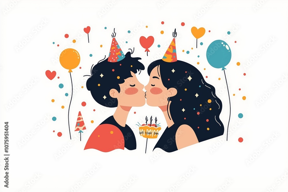 A festive flat illustration of a couple sharing a kiss, wearing party hats, surrounded by balloons, confetti, and a birthday cake, capturing a joyful and romantic celebration A festive flat illustration of a couple sharing a kiss, wearing party hats, surrounded by balloons, confetti, and a birthday cake, capturing a joyful and romantic celebration