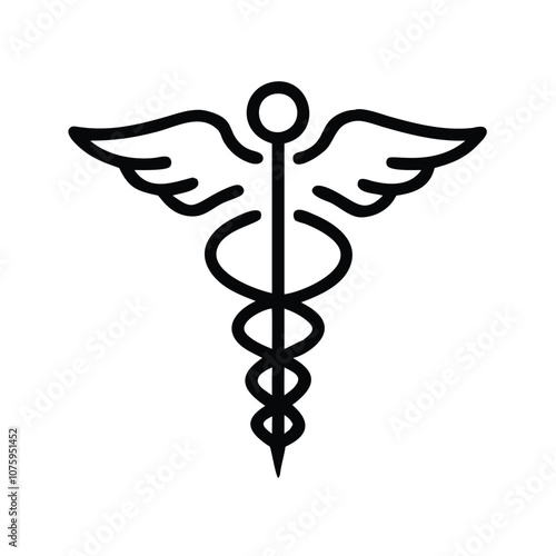 Caduceus medical icon with wings and staff, Vector illustration of a caduceus symbol featuring a winged staff with intertwined serpents, representing medicine and healthcare.
