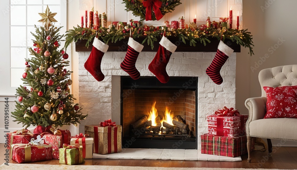 Cozy Christmas Fireplace Scene with Gifts and Stockings Cozy Christmas Fireplace Scene with Gifts and Stockings
