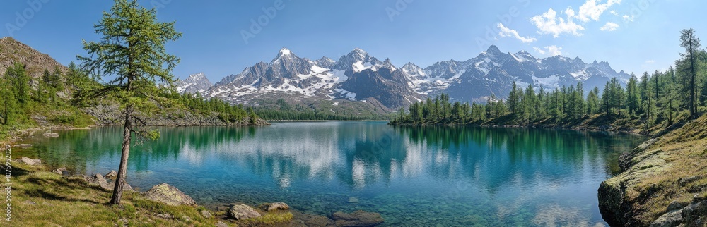 Panoramic view of the beautiful lake in summer, surrounded by forest and mountains with snow-capped peaks Panoramic view of the beautiful lake in summer, surrounded by forest and mountains with snow-capped peaks