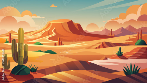 A desert landscape with a mountain in the background