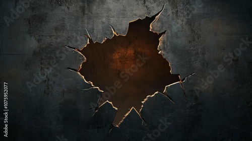 Ragged torn hole in iron wall - Large round through hole creating damage - Abstract metal texture