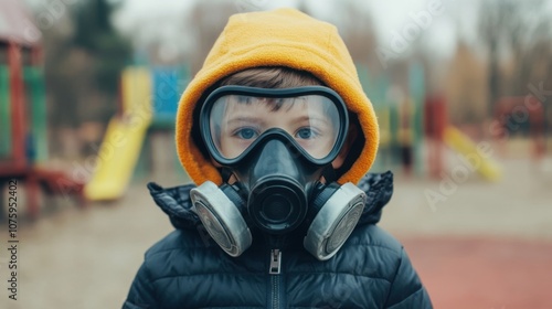 A child wearing a gas mask and hooded jacket stands in a playground, conveying a sense of caution and protection amidst an uncertain environment.