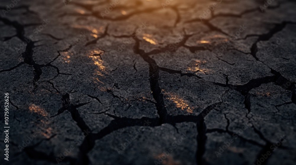 Fototapeta premium A close-up view of cracked, dry earth illuminated by soft light, suggesting drought and environmental changes.
