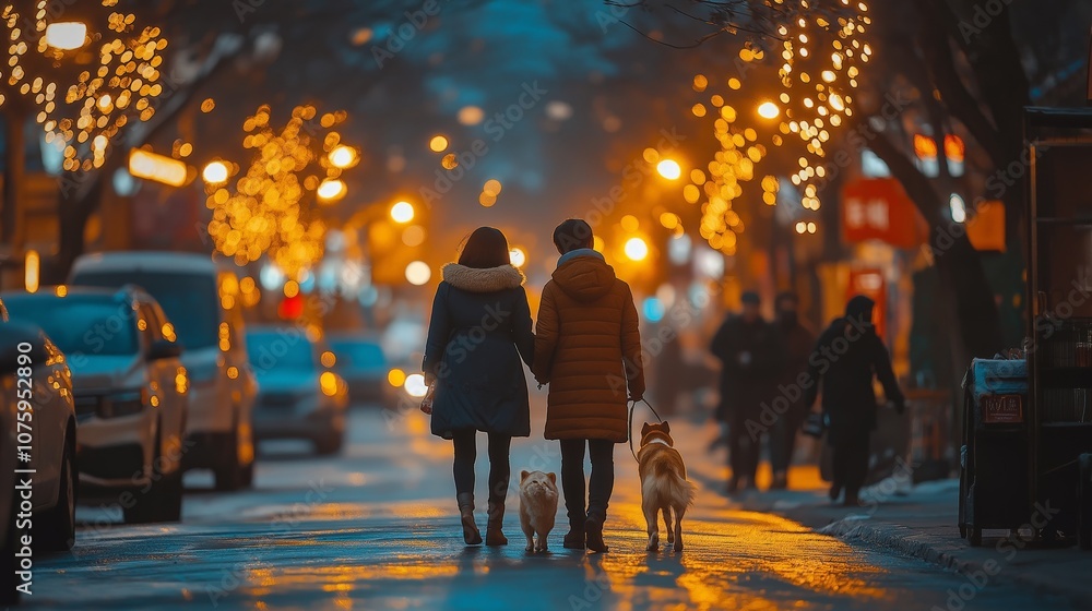 A candid photo of a couple walking two dogs on a winter evening through a city street adorned with festive lights, creating a warm and cozy atmosphere A candid photo of a couple walking two dogs on a winter evening through a city street adorned with festive lights, creating a warm and cozy atmosphere
