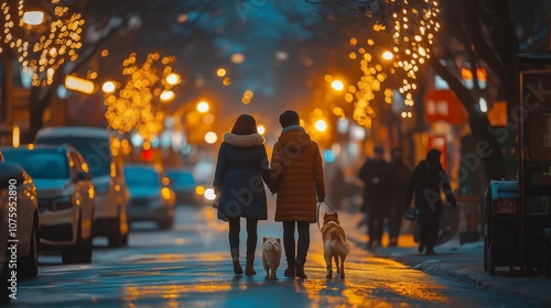 A candid photo of a couple walking two dogs on a winter evening through a city street adorned with festive lights, creating a warm and cozy atmosphere