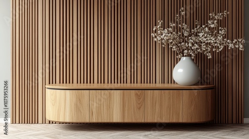 Fototapeta Naklejka Na Ścianę i Meble -  3D render of a modern wall with vertical wood panel with TV cabinet and vast 