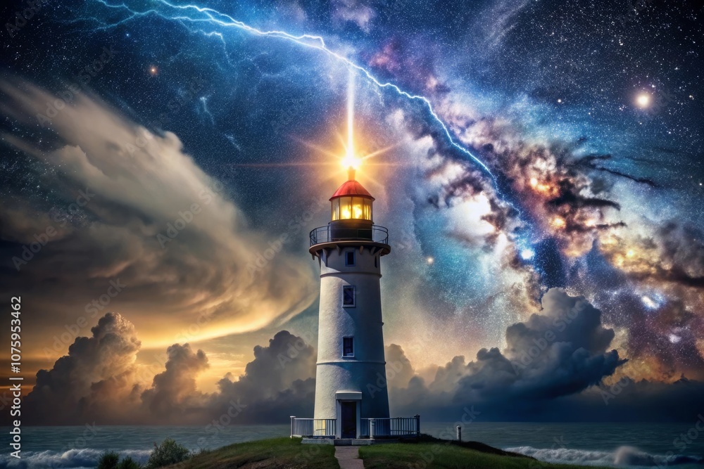 a lighthouse is lit up in the night sky a lighthouse is lit up in the night sky