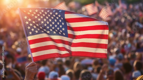 People waving American flag, American flag held high on hand of a supporter during a rally supporting a political event, blured crowd background