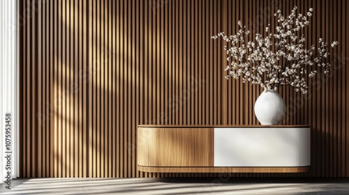 Fototapeta Naklejka Na Ścianę i Meble -  3D render of a modern wall with vertical wood panel with TV cabinet and vast 