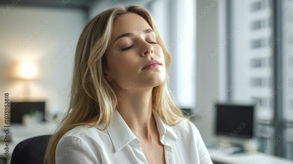 Fototapeta premium Beautiful young white female employee working woman closing her eyes and taking a deep breath in her office - to pause for a moment to compose in busy workplace - be calm and relax with work stress