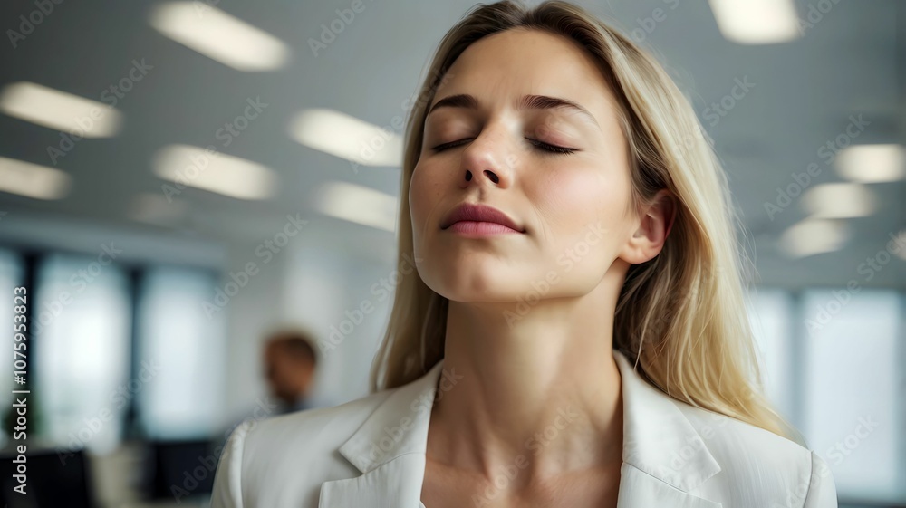 Fototapeta premium Beautiful young white female employee working woman closing her eyes and taking a deep breath in her office - to pause for a moment to compose in busy workplace - be calm and relax with work stress