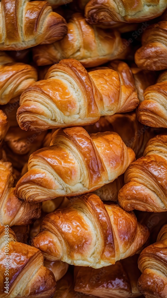 Close-Up of Freshly Baked Croissants with Flaky Golden Brown Crust Close-Up of Freshly Baked Croissants with Flaky Golden Brown Crust