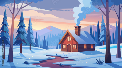 A cabin in the woods with a chimney and smoke coming out of it