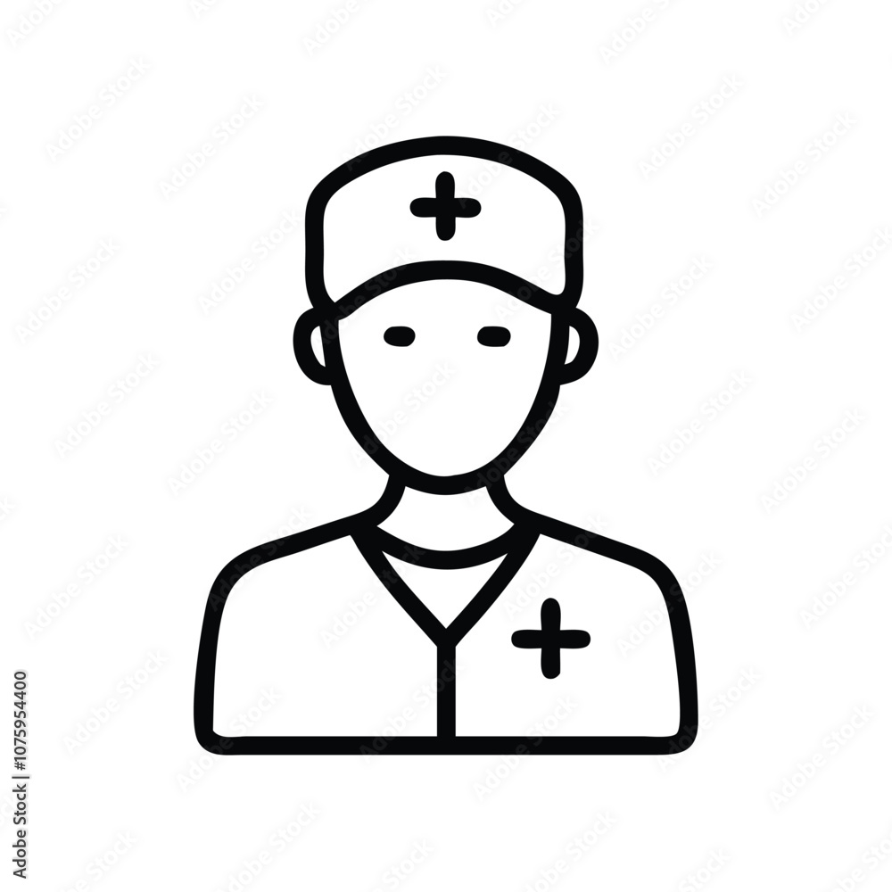 Fototapeta premium Smiling doctor icon with stethoscope, Vector illustration of a smiling doctor wearing a lab coat, stethoscope, and tie, representing a healthcare professional in a medical setting. 