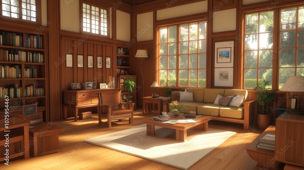 Cozy and Inviting Living Room with Large Windows Showcasing Beautiful Nature Views, Stylish Wooden Furniture, and Warm Ambient Light for Relaxation and Comfort Cozy and Inviting Living Room with Large Windows Showcasing Beautiful Nature Views, Stylish Wooden Furniture, and Warm Ambient Light for Relaxation and Comfort