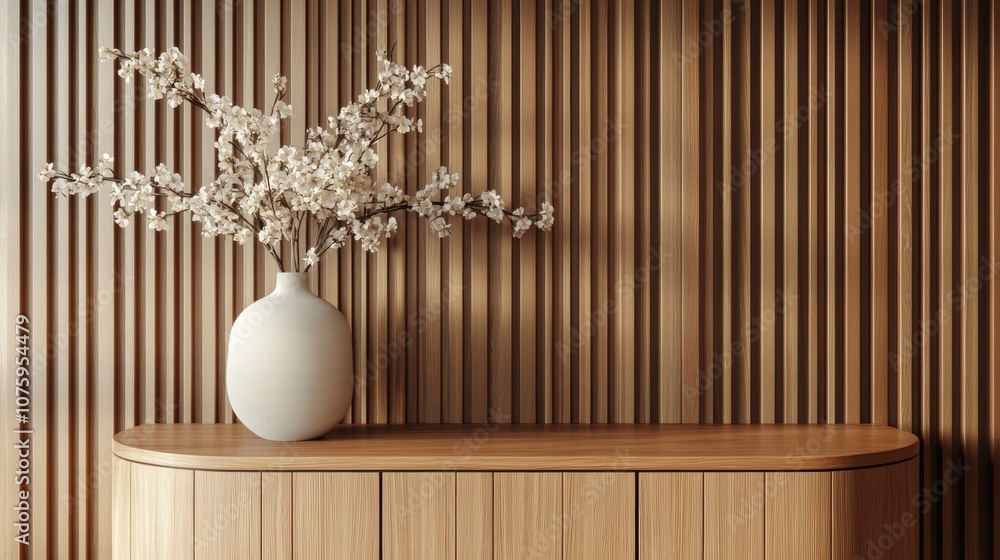 3D render of a modern wall with vertical wood panel with TV cabinet and vast 3D render of a modern wall with vertical wood panel with TV cabinet and vast