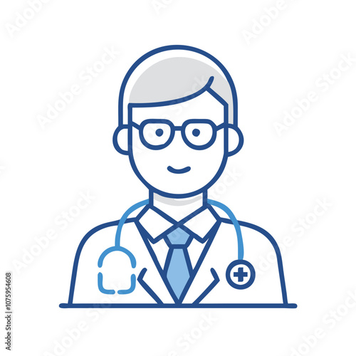 Smiling doctor icon with stethoscope, Vector illustration of a smiling doctor wearing a lab coat, stethoscope, and tie, representing a healthcare professional in a medical setting.
