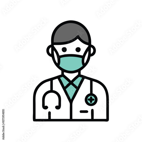 Smiling doctor icon with stethoscope, Vector illustration of a smiling doctor wearing a lab coat, stethoscope, and tie, representing a healthcare professional in a medical setting.
