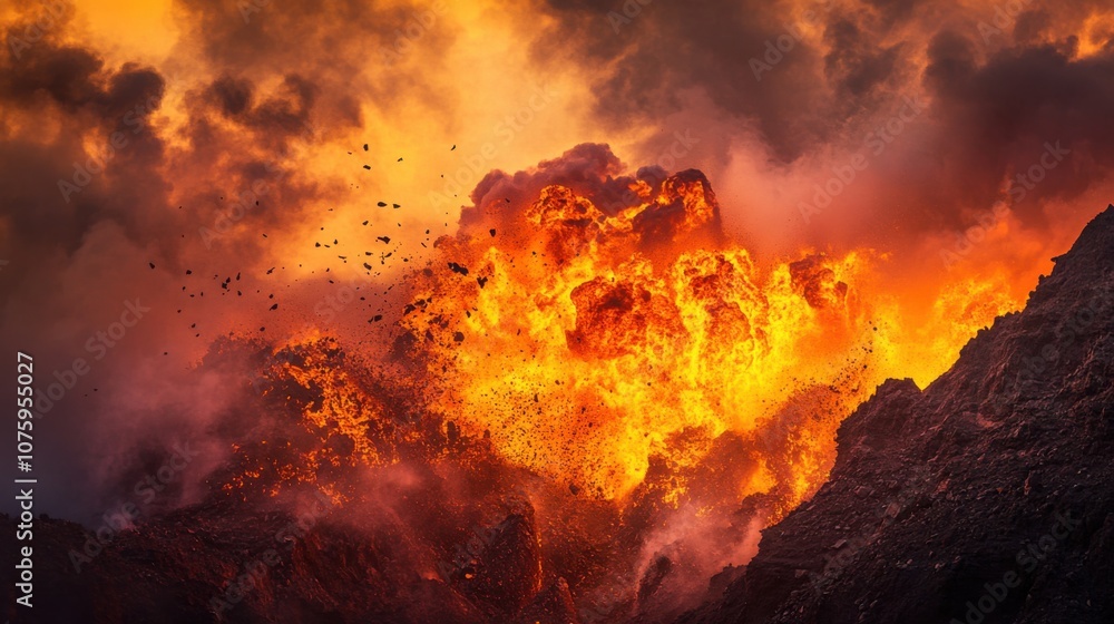 A dramatic explosion erupting from a distant mountain, with quality. A dramatic explosion erupting from a distant mountain, with quality.