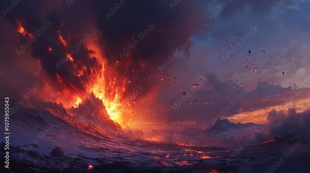 A dramatic explosion erupting from a distant mountain, with quality. A dramatic explosion erupting from a distant mountain, with quality.