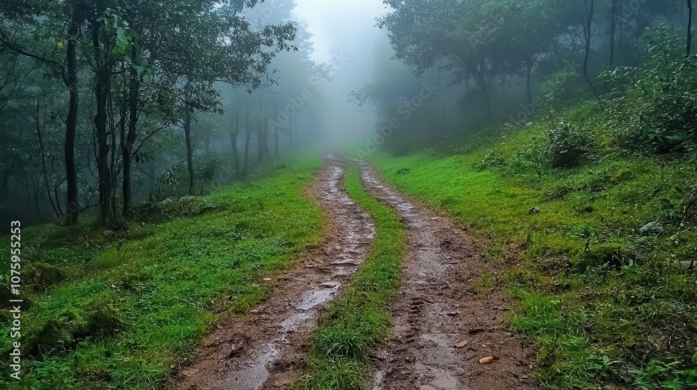 Obraz premium Serene Misty Landscape with Winding Dirt Path Surrounded by Lush Greenery and Fog in a Tranquil Forest Setting