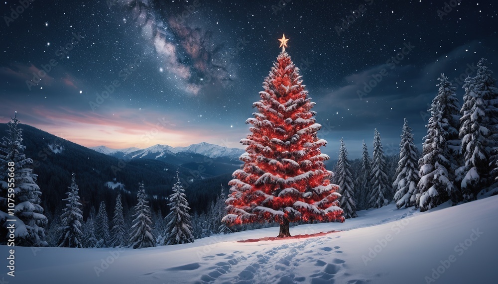 Snowy Mountain Christmas Tree Under Starlit Sky Snowy Mountain Christmas Tree Under Starlit Sky