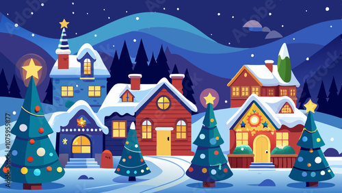 A Christmas scene with houses and trees