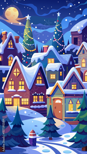 A winter scene with houses and trees