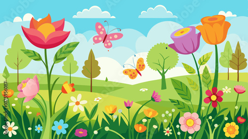 A colorful field with flowers and trees, and a butterfly flying in the sky