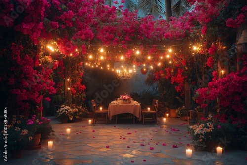 A romantic outdoor dinner setup in a vibrant garden filled with blooming flowers, illuminated by string lights and candles, creating a magical and intimate evening atmosphere