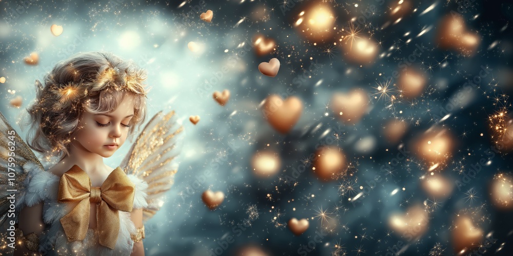 A beautiful illustration of a serene Cupid with angelic wings and a golden bow, surrounded by soft glowing hearts and sparkles. The scene conveys peace, love, and a magical, warm atmosphere A beautiful illustration of a serene Cupid with angelic wings and a golden bow, surrounded by soft glowing hearts and sparkles. The scene conveys peace, love, and a magical, warm atmosphere