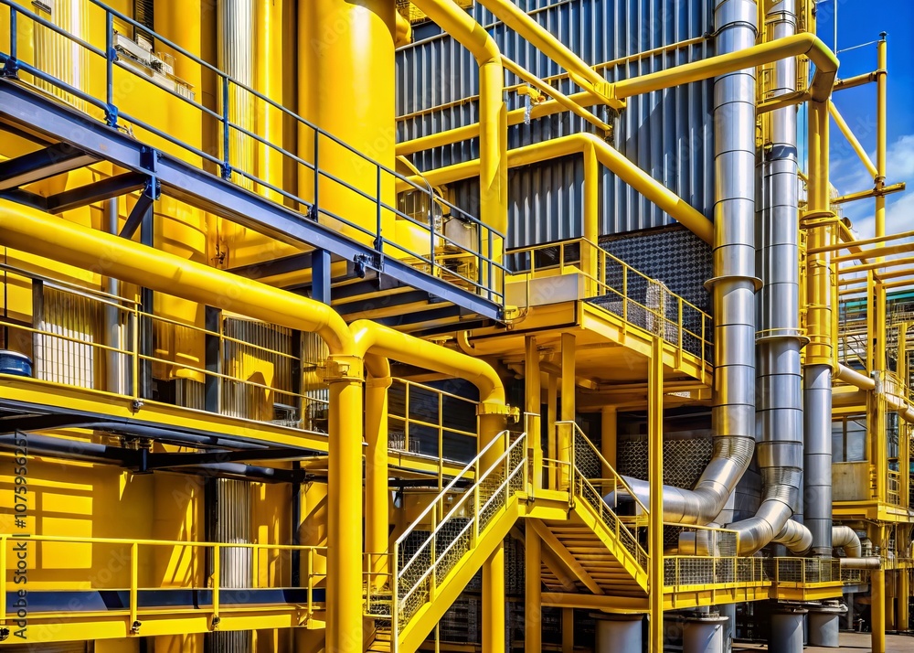 Striking Industrial Architecture Featuring Metallic Pipes and Yellow Railings Showcased in Dynamic Angles and Textures, Highlighting the Fusion of Functionality and Aesthetics in Modern Design Striking Industrial Architecture Featuring Metallic Pipes and Yellow Railings Showcased in Dynamic Angles and Textures, Highlighting the Fusion of Functionality and Aesthetics in Modern Design