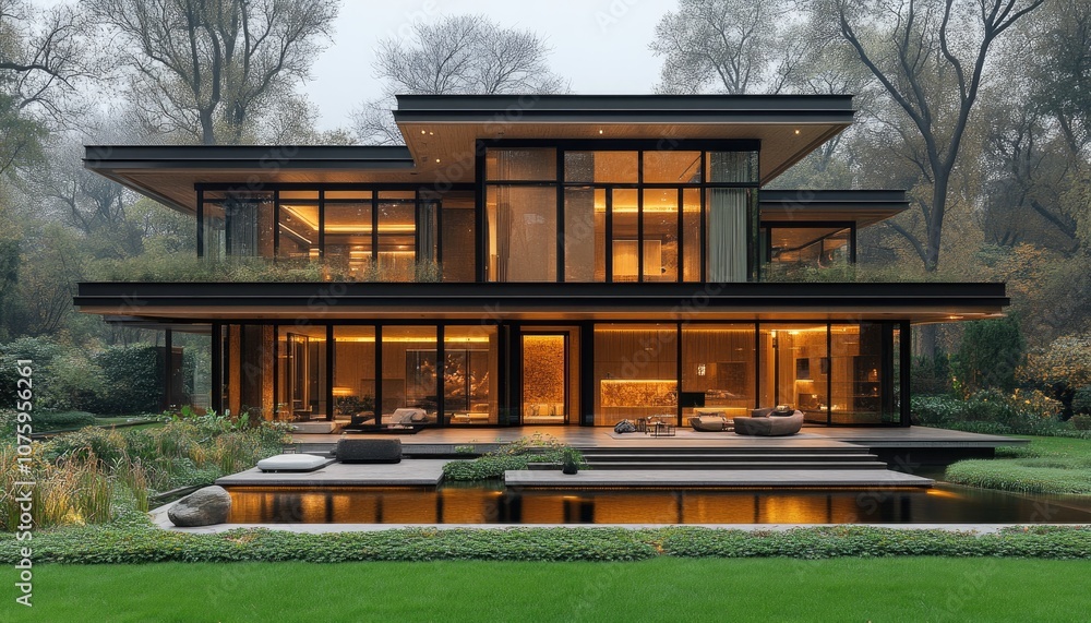 Modern house with a pool and lush landscaping. This image is perfect for illustrating concepts of luxury, architecture, and home design. Modern house with a pool and lush landscaping. This image is perfect for illustrating concepts of luxury, architecture, and home design.