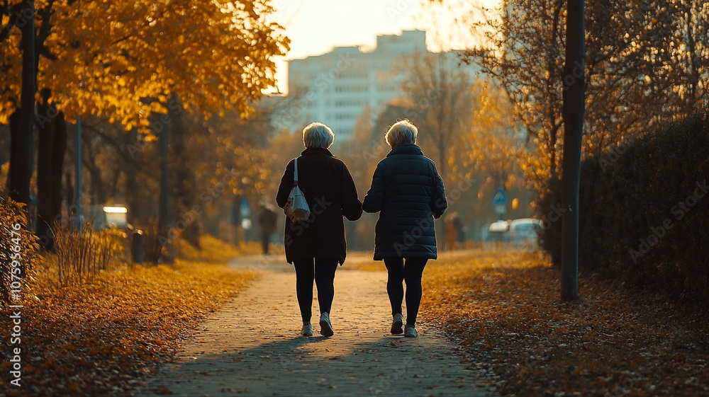 Two elderly women walking hand in hand on a tree-lined path during autumn in sunset light Two elderly women walking hand in hand on a tree-lined path during autumn in sunset light