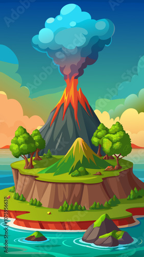 A cartoon drawing of a volcano with a mountain in the background