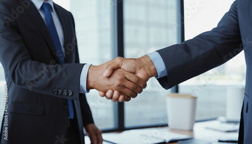 Handshaking business in office setting. Professional handshake between colleagues, partnership or partners. Suitable for marketing or business purposes