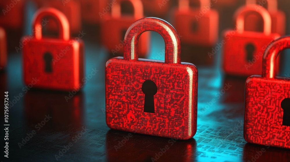 Fototapeta premium A visually striking image of shiny red padlocks scattered on a dark surface, symbolizing security and protection.