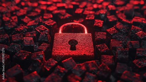 A digital padlock glows red amid a sea of dark, textured cubes, symbolizing cybersecurity and data protection.