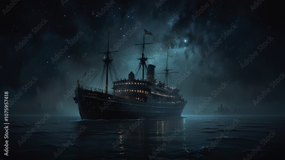 Obraz premium A haunting vintage ship with worn, intricate detailing navigates through a dark