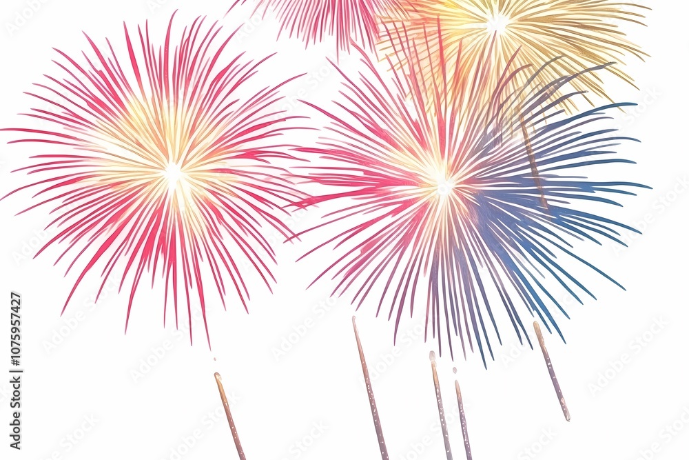 Fototapeta premium Colorful Fireworks Bursting in Vibrant Display Against a Bright Background, Celebrating New Year or Festive Event with Joyful Atmosphere and Exciting Energy