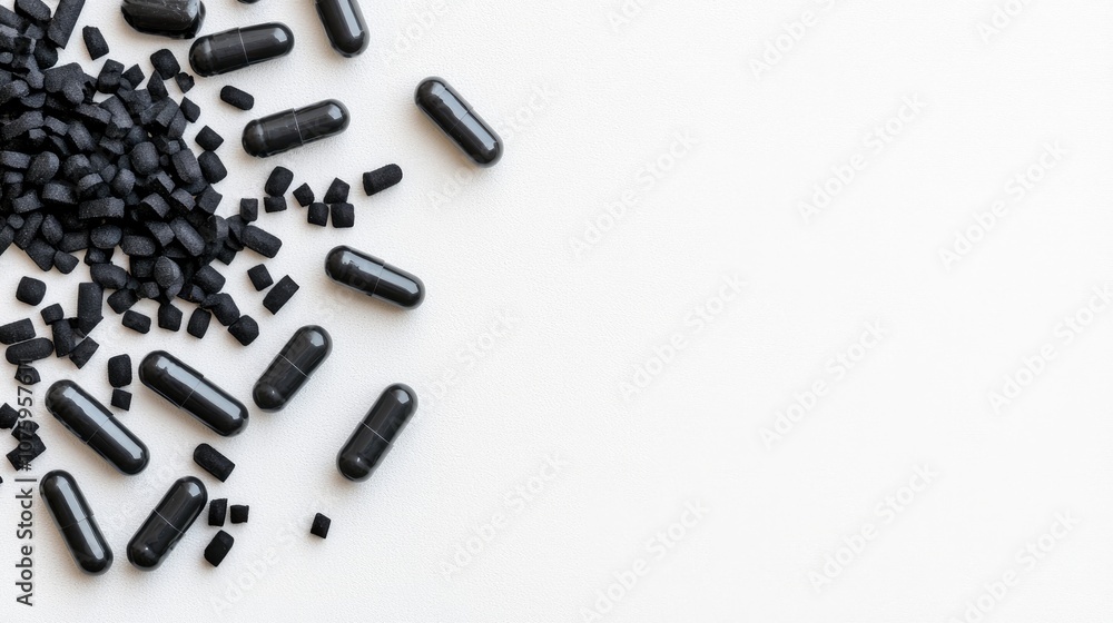 Black capsules and charcoal granules scattered on a clean white surface, symbolizing health, wellness, and natural dietary supplements for daily nutrition support Black capsules and charcoal granules scattered on a clean white surface, symbolizing health, wellness, and natural dietary supplements for daily nutrition support