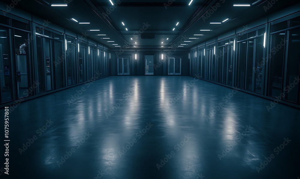 A dimly lit corridor with rows of glass rooms, creating a mysterious and futuristic atmosphere. A dimly lit corridor with rows of glass rooms, creating a mysterious and futuristic atmosphere.