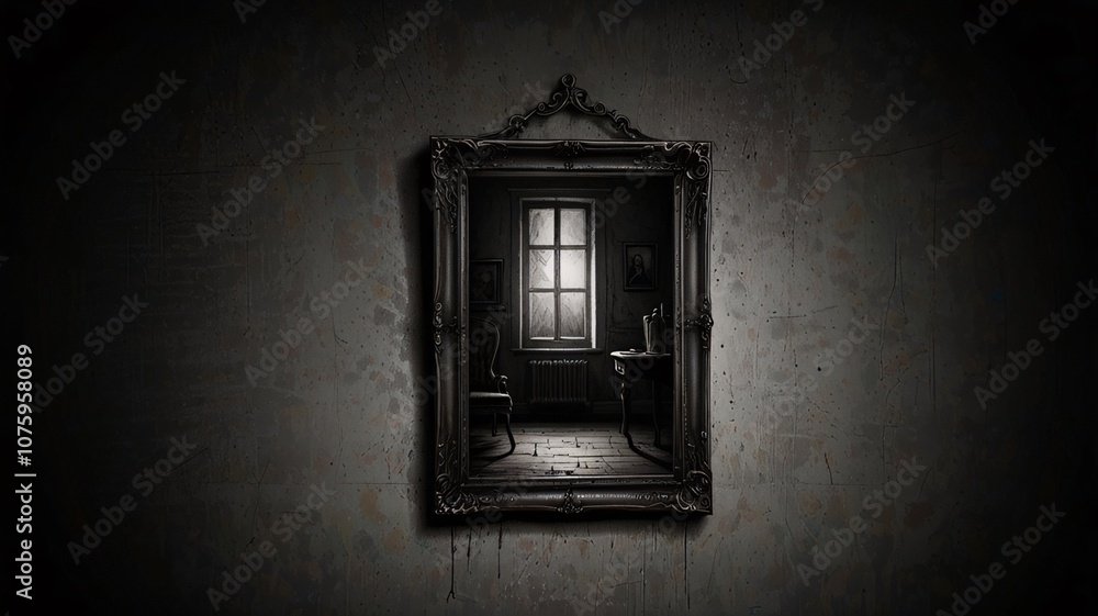 Fototapeta premium a pensil sketch of a old big mirror hanging on wall in dark room
