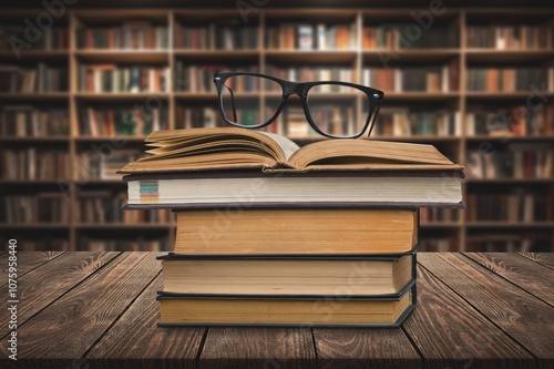 Reading Books set on wooden table in library