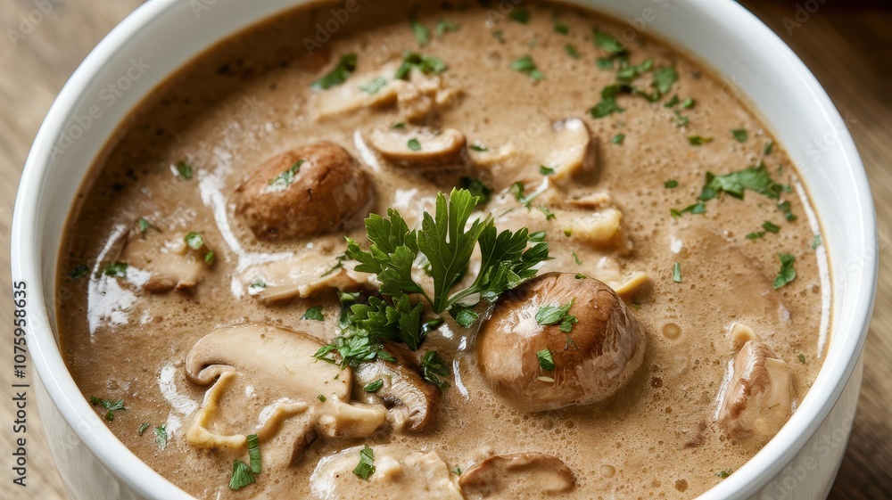 Bowl of Creamy Mushroom Soup with Herbs in White Bowl Bowl of Creamy Mushroom Soup with Herbs in White Bowl