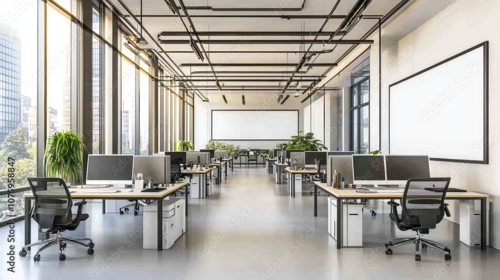 Modern Office Interior with Large Windows and Stylish Workstations Surrounded by Lush Indoor Plants in a Bright and Spacious Environment Modern Office Interior with Large Windows and Stylish Workstations Surrounded by Lush Indoor Plants in a Bright and Spacious Environment